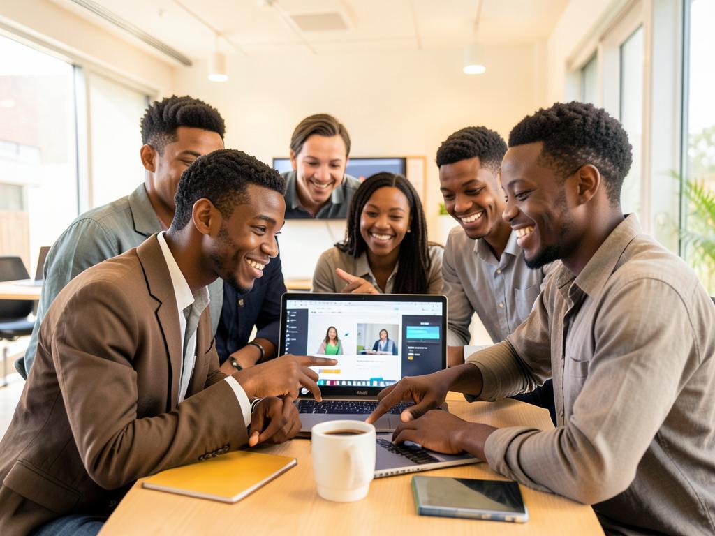 Young professionals collaborating around a laptop